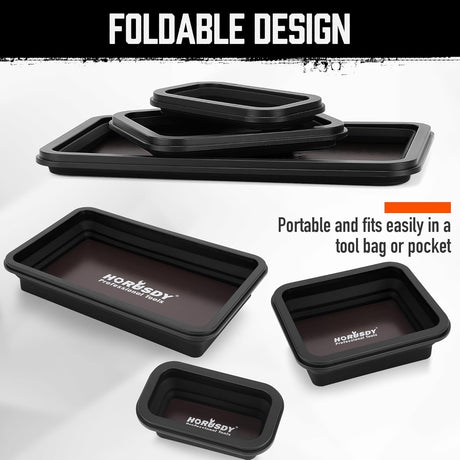 Black collapsible magnetic silicone tool tray set with strong magnets and three stackable sizes for organizing parts