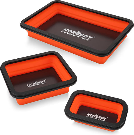 Collapsible silicone magnetic parts tray set with strong magnets in 3 sizes for holding tools and fasteners