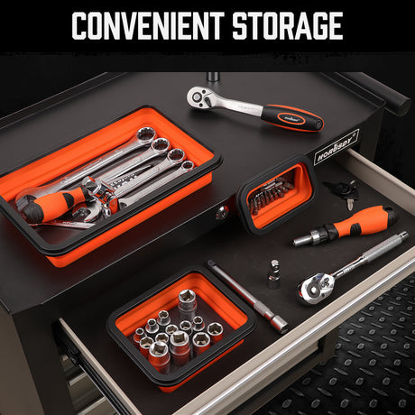 HORUSDY 3-Piece Orange Collapsible Magnetic Parts Tray Set – Heavy-Duty Silicone Tool Trays with Strong Magnets for Garage, Workshop, or Car Repair, in Large, Medium, and Small Sizes
