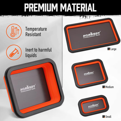 Collapsible silicone magnetic parts tray set with strong magnets in 3 sizes for holding tools and fasteners