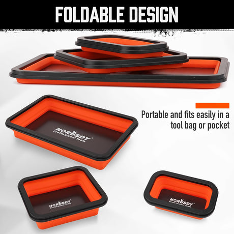 Collapsible silicone magnetic parts tray set with strong magnets in 3 sizes for holding tools and fasteners