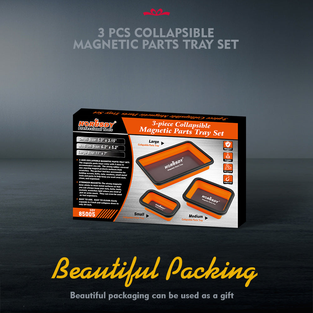 HORUSDY 3-Piece Orange Collapsible Magnetic Parts Tray Set – Heavy-Duty Silicone Tool Trays with Strong Magnets for Garage, Workshop, or Car Repair, in Large, Medium, and Small Sizes