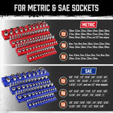 Magnetic socket organizer tray set for metric and SAE sockets, red and blue holders with labeled slots for tool storage