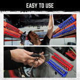 Magnetic socket organizer tray set for metric and SAE sockets, red and blue holders with labeled slots for tool storage