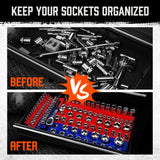 Magnetic socket organizer tray set for metric and SAE sockets, red and blue holders with labeled slots for tool storage