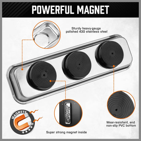 HORUSDY 5-piece magnetic pickup tool set with telescoping handles, strong magnets, and stainless steel tray for retrieving metal parts and tools in tight spaces.
