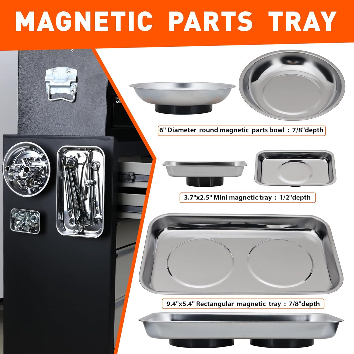 HORUSDY magnetic parts tray set with strong neodymium magnets for tool storage and hardware organization