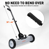 HORUSDY magnetic sweeper tool with adjustable handle and wheels for picking up nails, screws, and metal debris from floors and outdoor surfaces