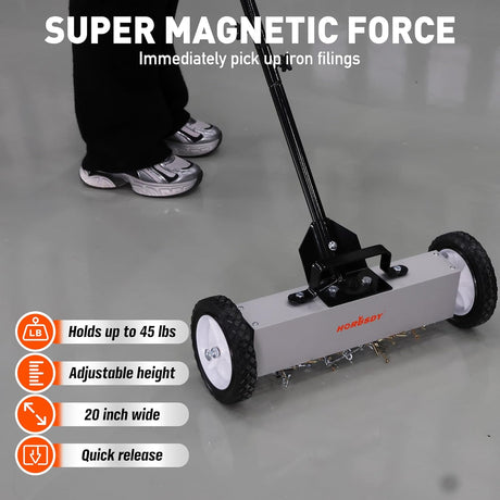 HORUSDY magnetic sweeper tool with adjustable handle and wheels for picking up nails, screws, and metal debris from floors and outdoor surfaces