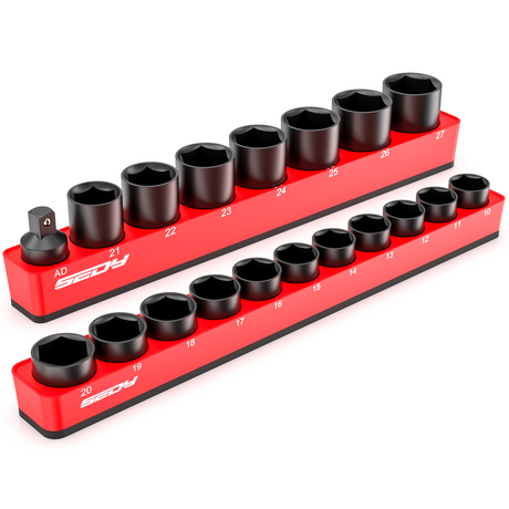 SEDY 2-piece magnetic socket organizer tray set for 1/2-inch drive metric sockets, with modular design, durable ABS body, and strong magnets
