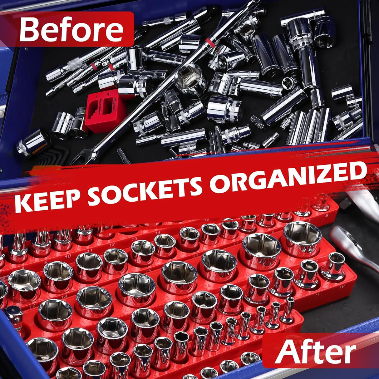 SEDY 2-piece magnetic socket organizer tray set for 1/2-inch drive metric sockets, with modular design, durable ABS body, and strong magnets