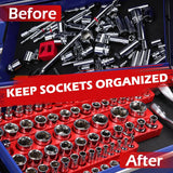 SEDY 2-piece magnetic socket organizer tray set for 1/2-inch drive metric sockets, with modular design, durable ABS body, and strong magnets