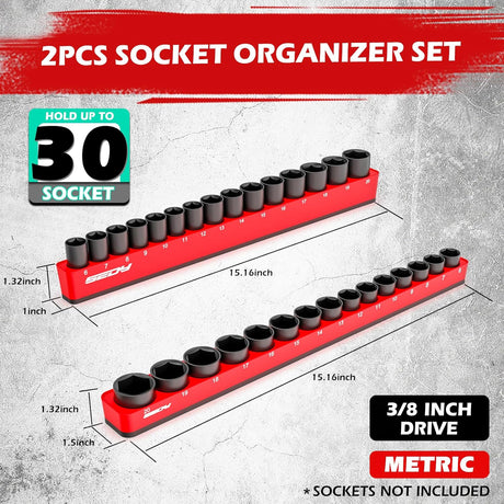 SEDY magnetic socket organizer set for 3/8 inch drive metric sockets, blue detachable aluminum trays with strong magnetic base and modular design