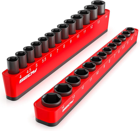 SEDY red magnetic socket organizer tray with 1/4" drive metric slots from 4mm to 14mm for toolbox and garage use