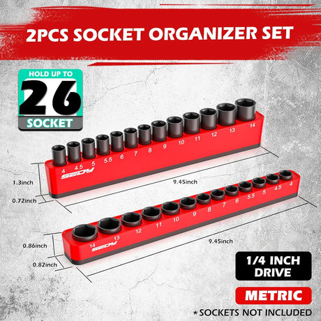 SEDY red magnetic socket organizer tray with 1/4" drive metric slots from 4mm to 14mm for toolbox and garage use