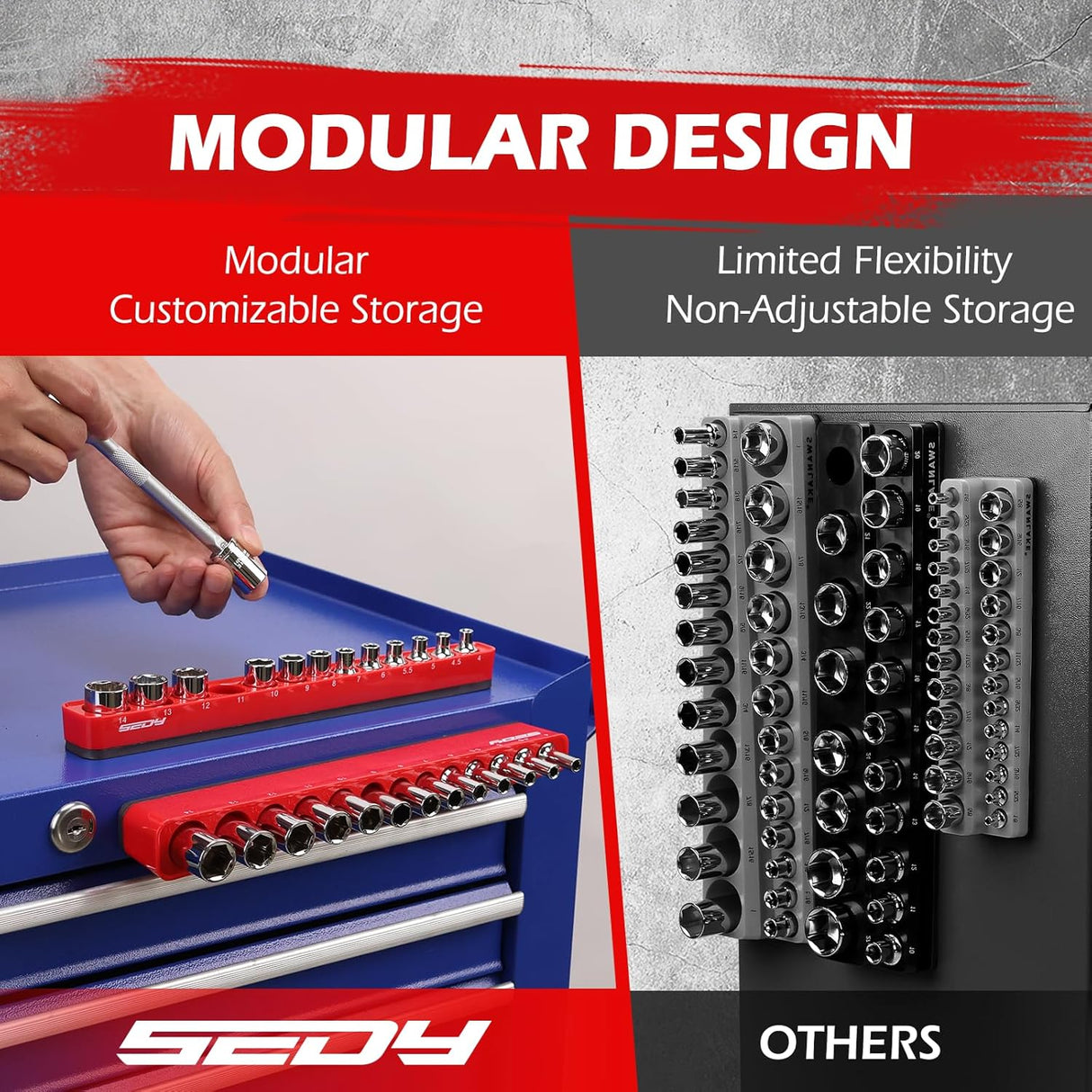 SEDY red magnetic socket organizer tray with 1/4" drive metric slots from 4mm to 14mm for toolbox and garage use
