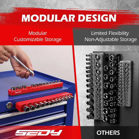 SEDY red magnetic socket organizer tray with 1/4" drive metric slots from 4mm to 14mm for toolbox and garage use