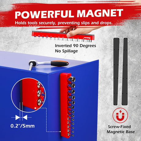 SEDY red magnetic socket organizer tray with 1/4" drive metric slots from 4mm to 14mm for toolbox and garage use