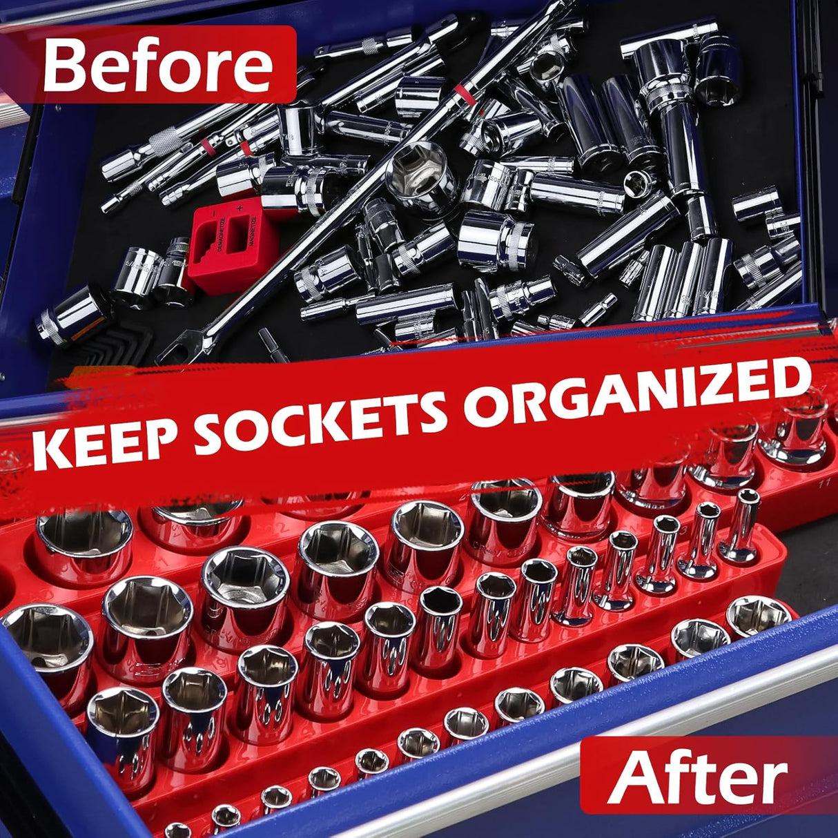 SEDY red magnetic socket organizer tray with 1/4" drive metric slots from 4mm to 14mm for toolbox and garage use
