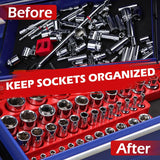 SEDY red magnetic socket organizer tray with 1/4" drive metric slots from 4mm to 14mm for toolbox and garage use