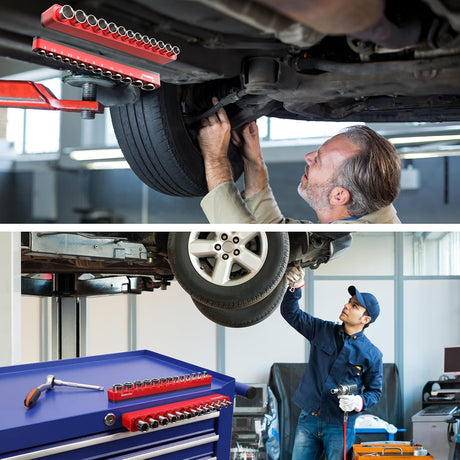 SEDY red magnetic socket organizer tray with 1/4" drive metric slots from 4mm to 14mm for toolbox and garage use