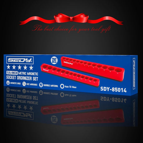 SEDY red magnetic socket organizer tray with 1/4" drive metric slots from 4mm to 14mm for toolbox and garage use