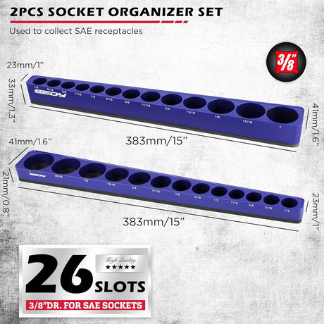 SEDY blue magnetic socket organizer for 3/8 inch drive SAE sockets, detachable aluminum trays with 5mm magnetic base for workshop and toolbox use