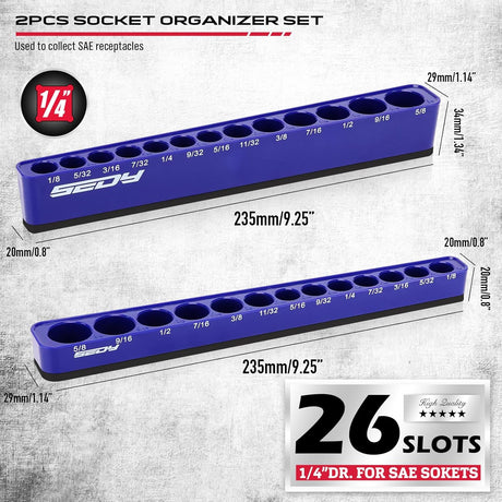 SEDY blue magnetic socket organizer tray for 1/4 inch drive SAE sockets from 1/8 to 5/8 inch, ideal for garage tool storage