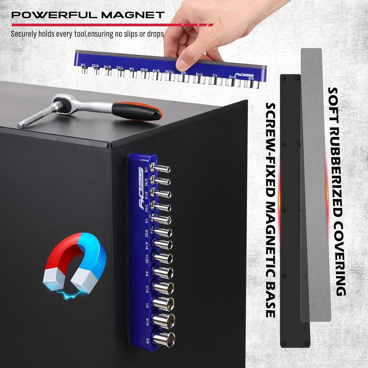 SEDY blue magnetic socket organizer tray for 1/4 inch drive SAE sockets from 1/8 to 5/8 inch, ideal for garage tool storage