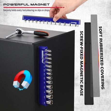 SEDY blue magnetic socket organizer tray for 1/4 inch drive SAE sockets from 1/8 to 5/8 inch, ideal for garage tool storage