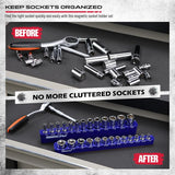 SEDY blue magnetic socket organizer tray for 1/4 inch drive SAE sockets from 1/8 to 5/8 inch, ideal for garage tool storage