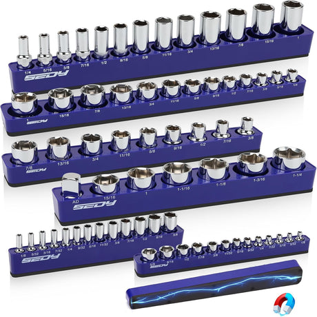 SEDY 12-piece red and blue magnetic socket organizer tray set with 143 metric and SAE slots for tool storage