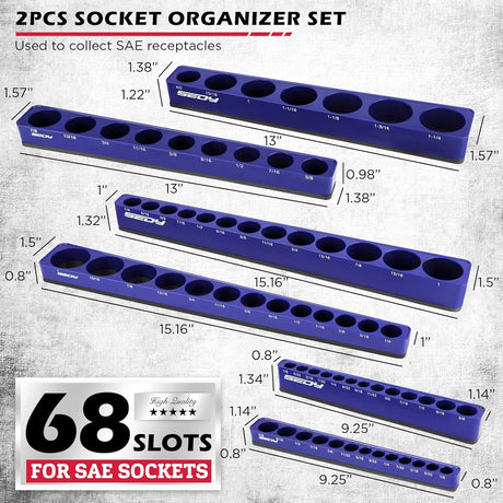SEDY 12-piece red and blue magnetic socket organizer tray set with 143 metric and SAE slots for tool storage