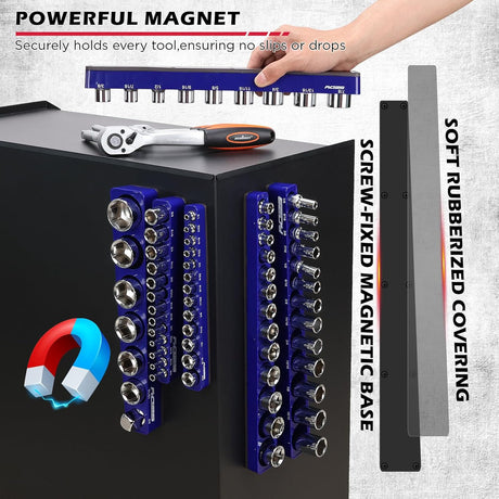 SEDY 6-piece SAE magnetic socket organizer tray set with 68 slots for wall or drawer tool storage