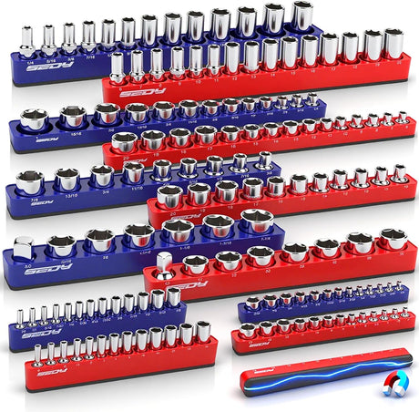 SEDY 12-piece red and blue magnetic socket organizer tray set with 143 metric and SAE slots for tool storage