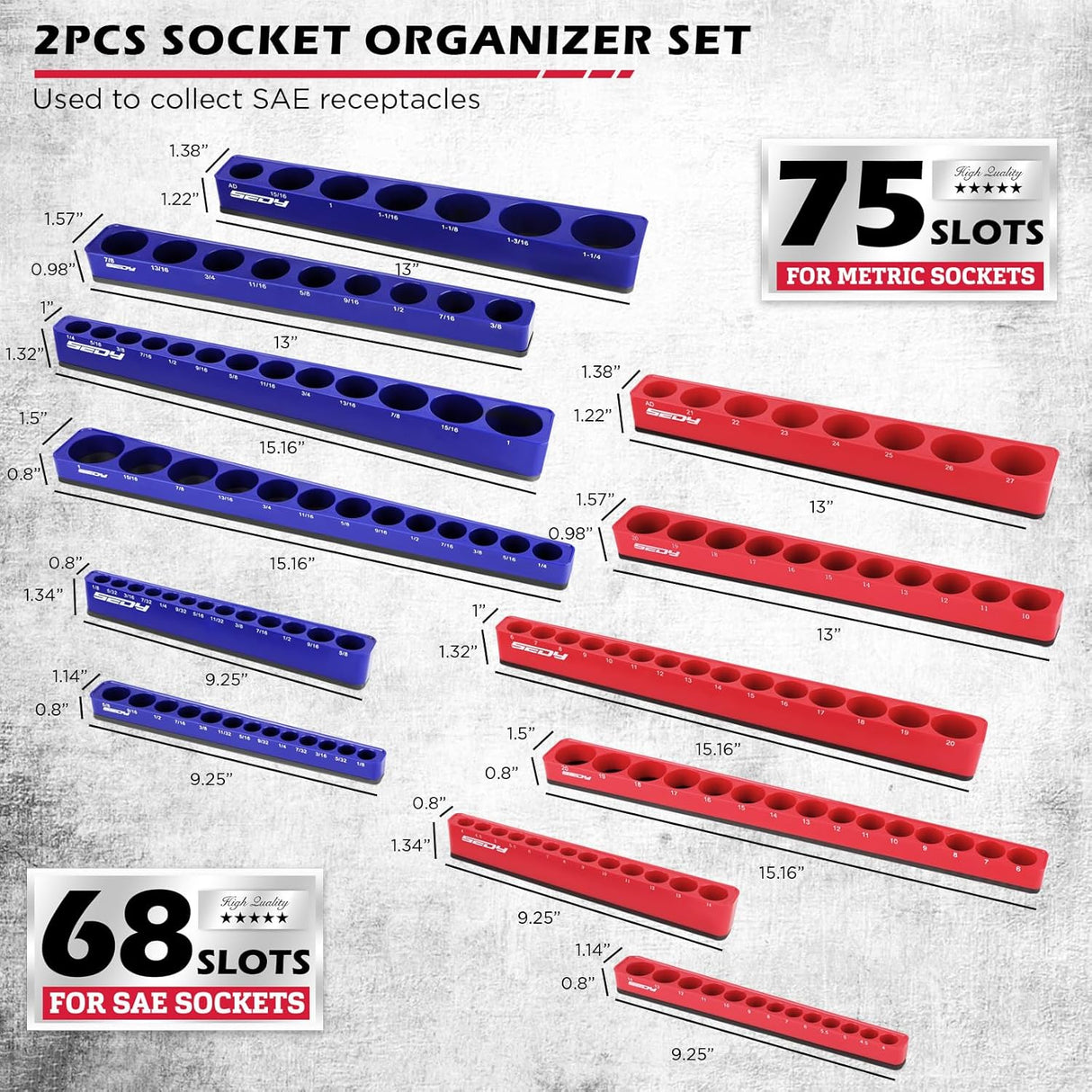 SEDY 12-piece red and blue magnetic socket organizer tray set with 143 metric and SAE slots for tool storage
