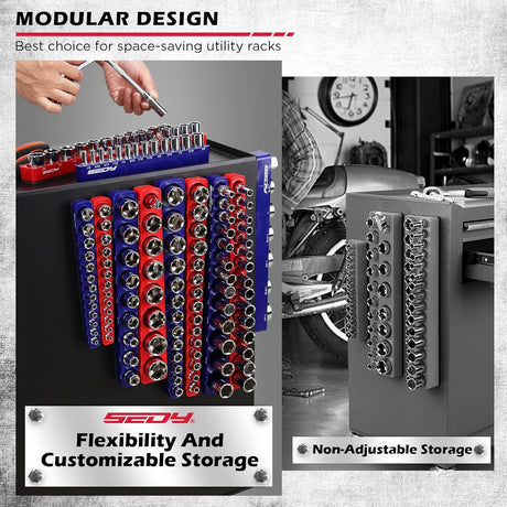 SEDY 12-piece red and blue magnetic socket organizer tray set with 143 metric and SAE slots for tool storage