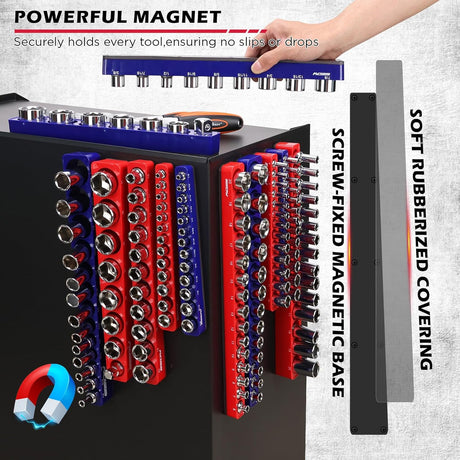 SEDY 12-piece red and blue magnetic socket organizer tray set with 143 metric and SAE slots for tool storage