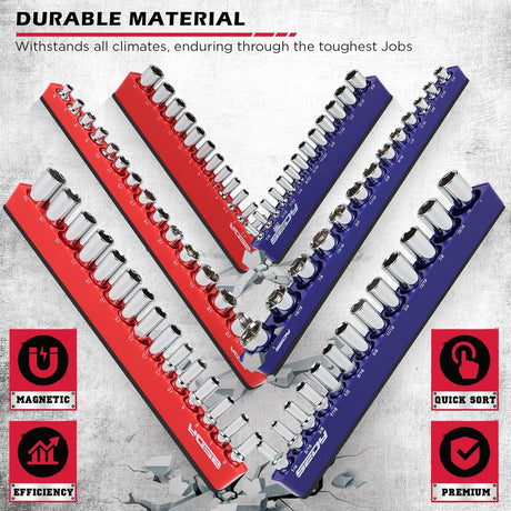 SEDY 12-piece red and blue magnetic socket organizer tray set with 143 metric and SAE slots for tool storage