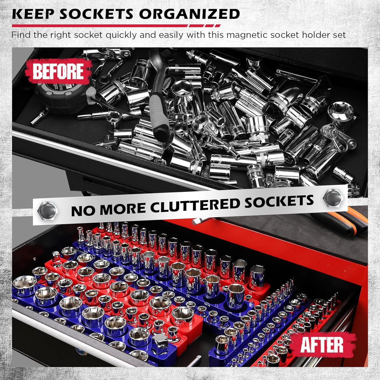 SEDY 12-piece red and blue magnetic socket organizer tray set with 143 metric and SAE slots for tool storage