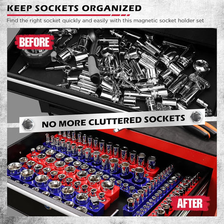 SEDY 12-piece red and blue magnetic socket organizer tray set with 143 metric and SAE slots for tool storage