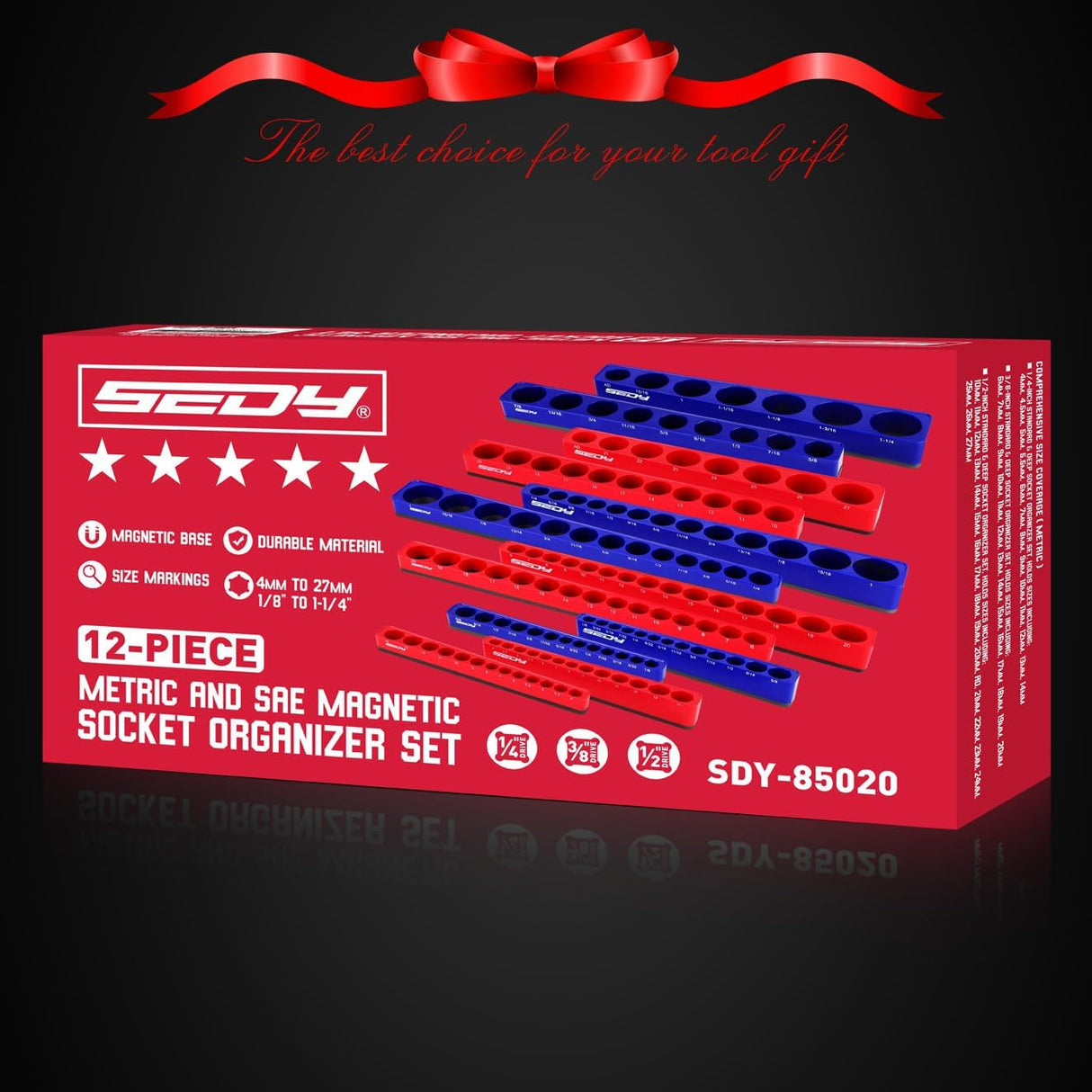 SEDY 12-piece red and blue magnetic socket organizer tray set with 143 metric and SAE slots for tool storage