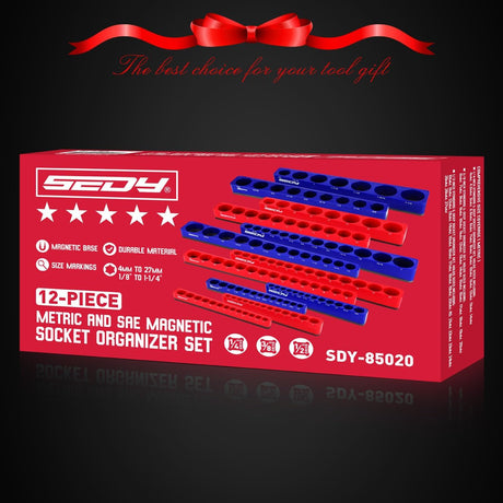 SEDY 12-piece red and blue magnetic socket organizer tray set with 143 metric and SAE slots for tool storage