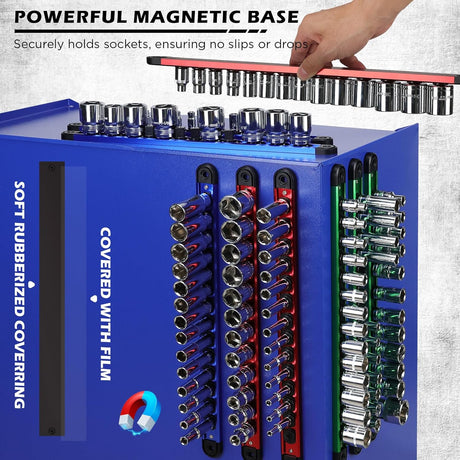 18-Piece Magnetic Socket Organizer Set, Heavy Duty Aluminum Racks for 1/2", 3/8", 1/4" Sockets