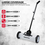 18-inch rolling magnetic sweeper with telescoping handle and 9.5-inch trays for picking up nails, screws, and debris in garages, workshops, lawns, and driveways.