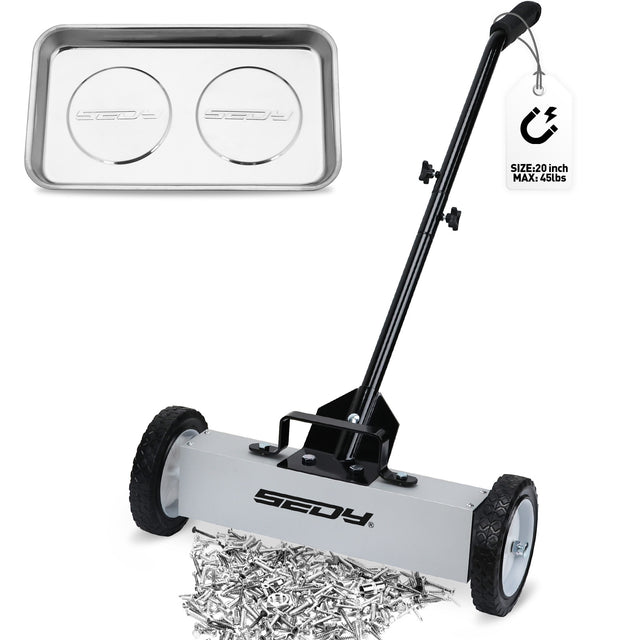 18-inch rolling magnetic sweeper with telescoping handle and 9.5-inch trays for picking up nails, screws, and debris in garages, workshops, lawns, and driveways.