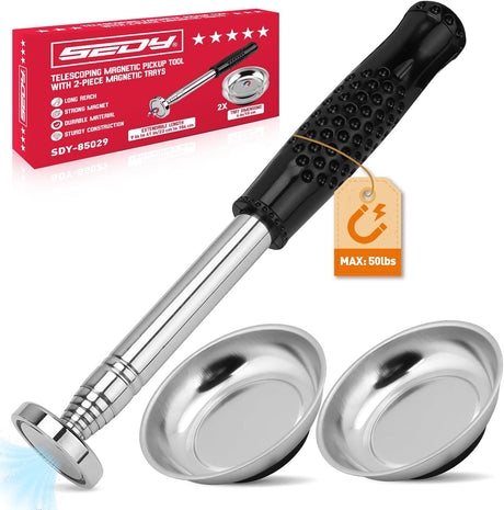 3-pack telescoping magnetic pickup tools extending to 41 inches with 50 lb pull force and magnetic parts tray for collecting nails, screws, and metal debris in garages and workshops.