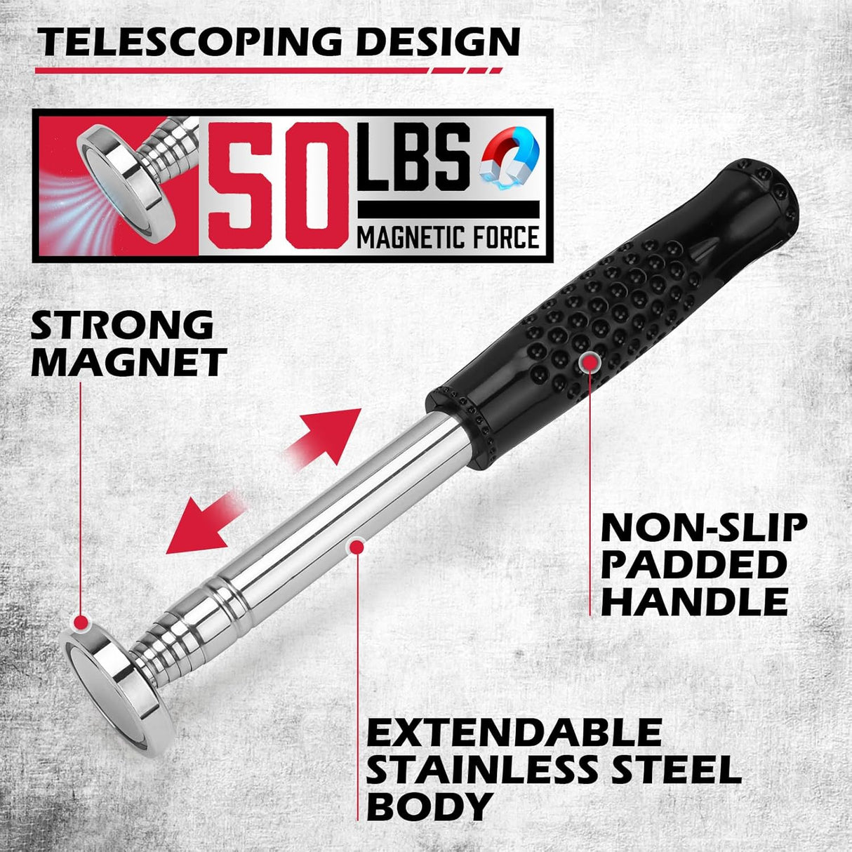 3-pack telescoping magnetic pickup tools extending to 41 inches with 50 lb pull force and magnetic parts tray for collecting nails, screws, and metal debris in garages and workshops.