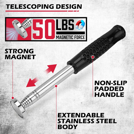 3-pack telescoping magnetic pickup tools extending to 41 inches with 50 lb pull force and magnetic parts tray for collecting nails, screws, and metal debris in garages and workshops.