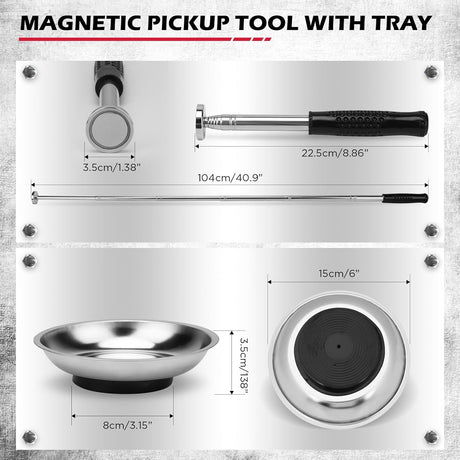 36-inch rolling magnetic sweeper kit with 40-inch telescoping magnetic pickup tool and trays, 55 lb capacity for nails, screws, and metal debris cleanup in garages, workshops, and lawns.